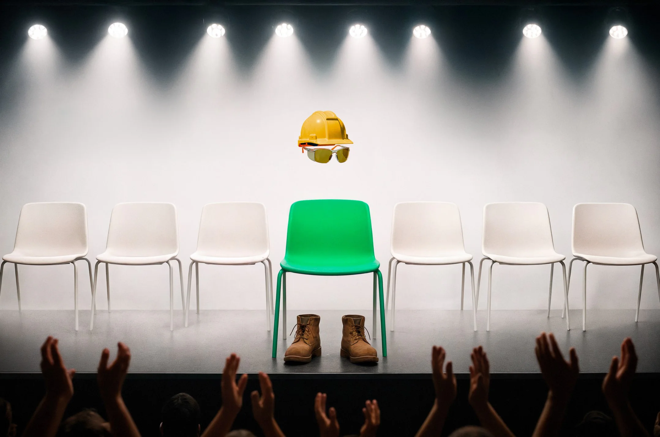 Une rangée de chaises blanches sur une scène éclairée ; au centre, une chaise verte, un casque de chantier et une paire de bottes, devant un public qui applaudit.