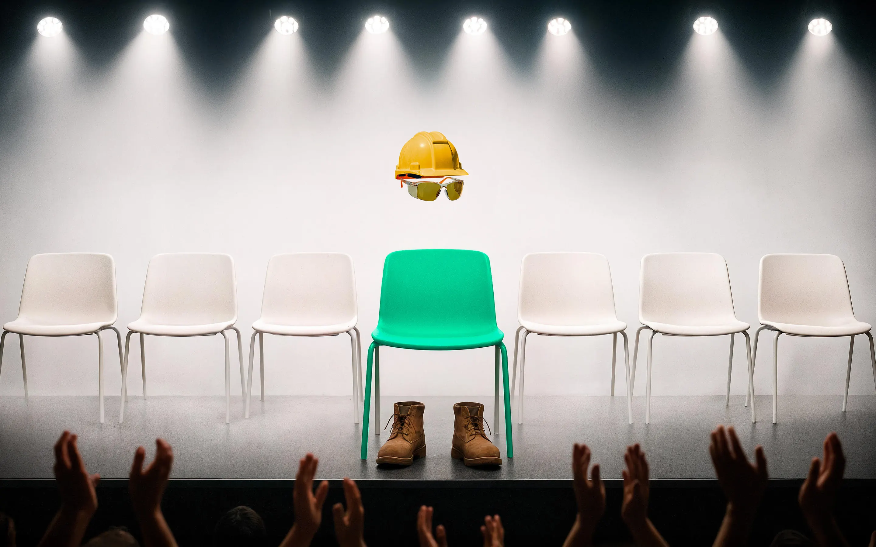 Une rangée de chaises blanches sur une scène éclairée ; au centre, une chaise verte, un casque de chantier et une paire de bottes, devant un public qui applaudit.